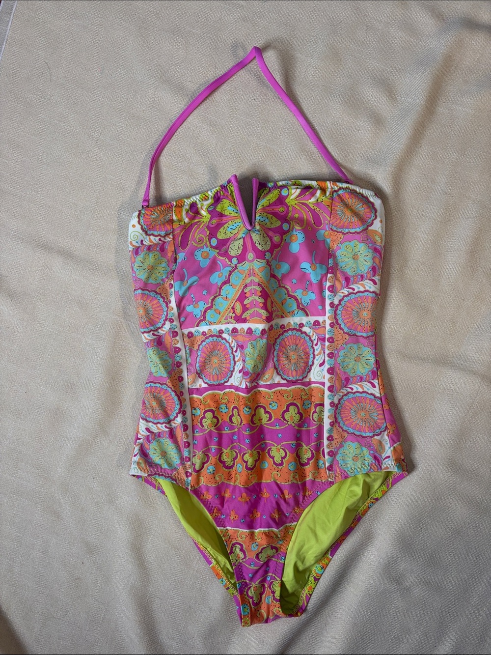 Trina Turk Fuchsia and Lime Paisley Halter One-Piece Swimsuit